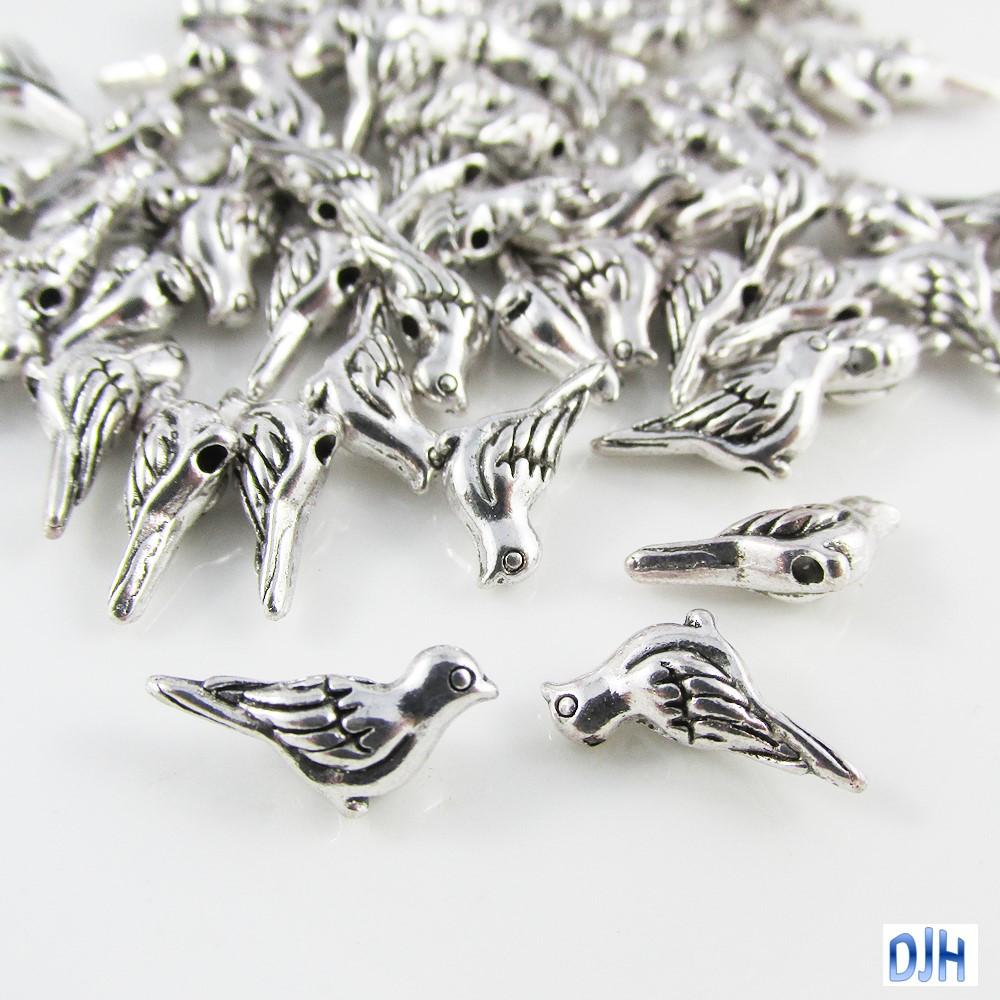 50pcs Silver Bird Spacer Beads Tibetan Style 7x14x4.5mm Hole 1mm