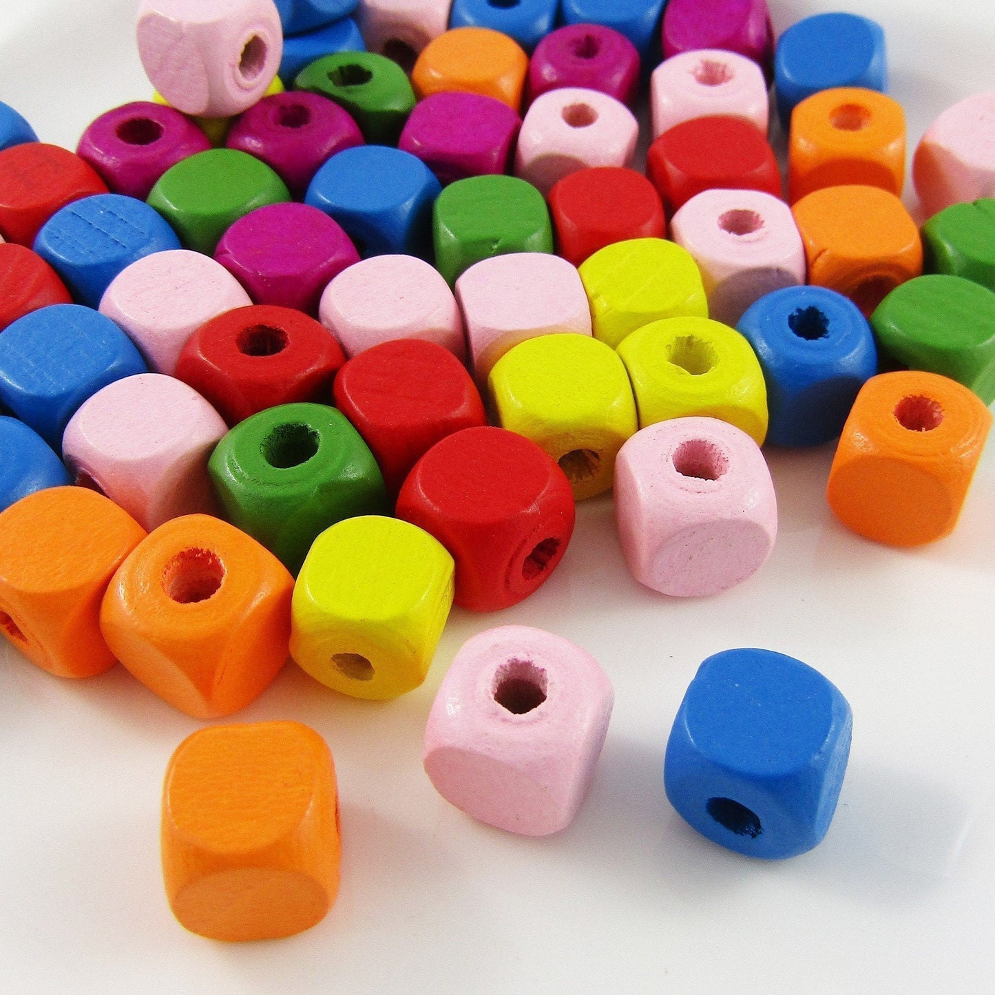 50g 95+pcs Wood Cube Craft Beads Mixed Brights 10x10mm Hole 3.5mm