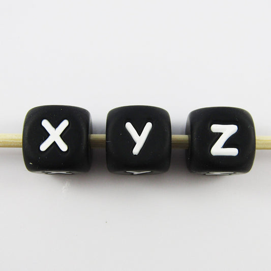 A-Z 26pc Set Black Cube Letter Silicone Bead 12mm Hole 2mm Keychains Lanyards