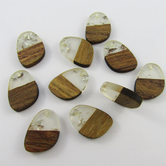 Bulk 6pcs Resin & Wood Teardrop with Foil Charm Pendant Organic Gold or Silver