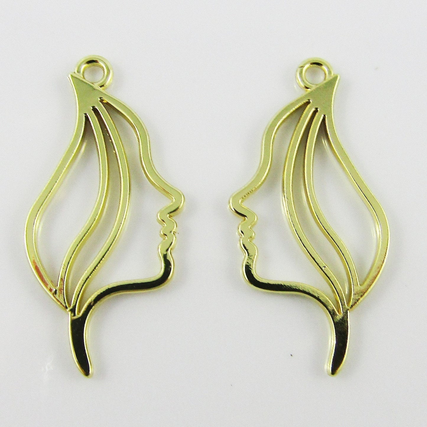 6pcs Abstract Face Elegant Girl Charm Pendant Gold Plate 32x16mm Open Bezel