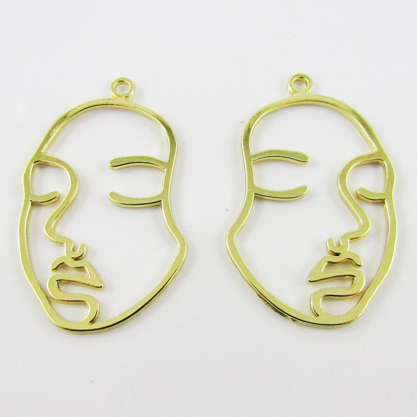 6pcs Abstract Face Serene Girl Charm Pendant Gold Plate 44x29mm Open Bezel