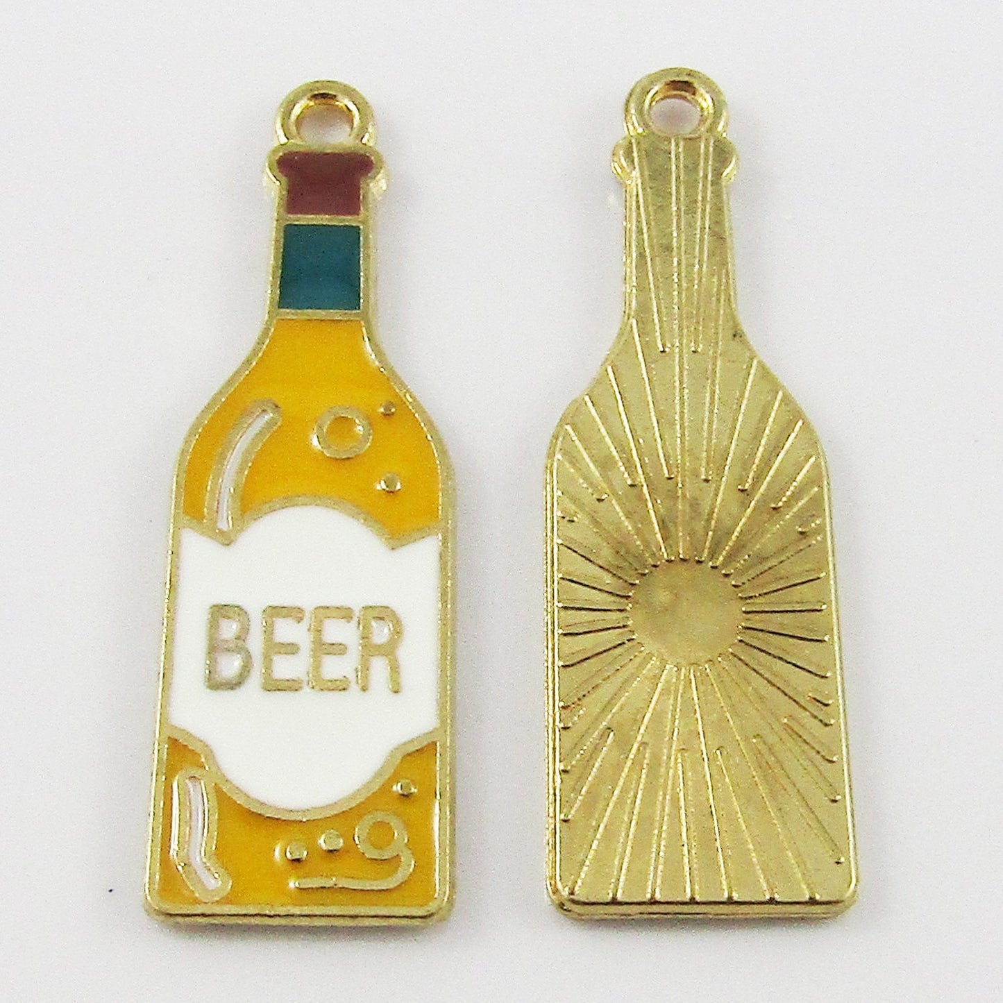Bulk 10pce Enamel Beer Bottle Charm Light Gold 33.5x10.5x1.5mm