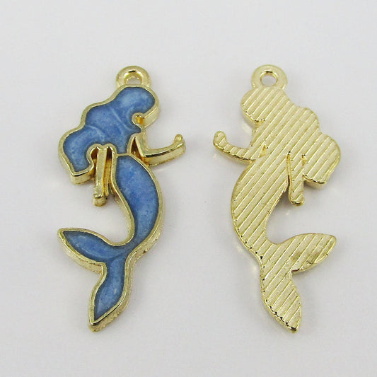 Bulk 10pce Enamel Mermaid Charm Pendant Light Gold & Blue or Pink 29x13mm