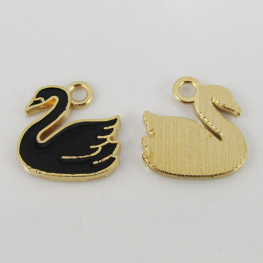 Bulk 10pce Enamel Swan Charm Pendant Light Gold & Black or White 14x14mm