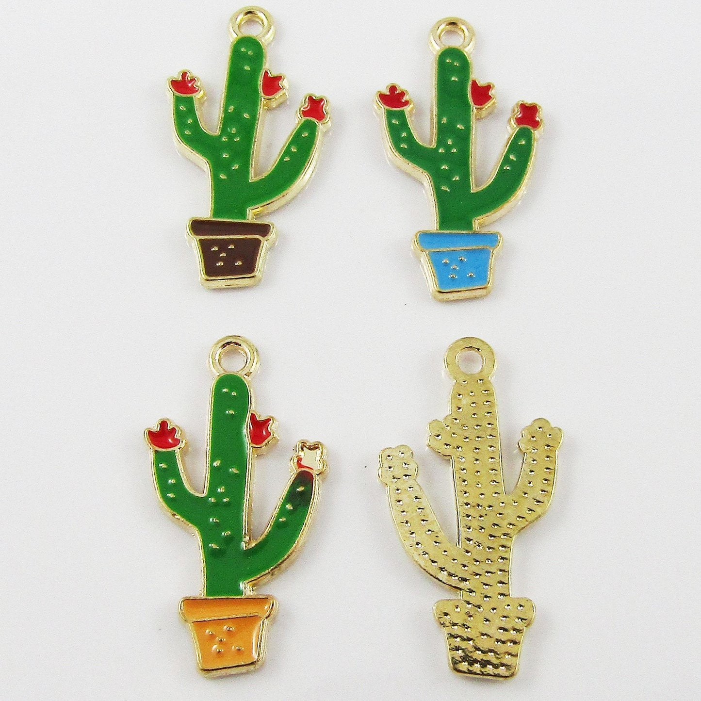 Bulk 10pce Enamel Flowering Cactus Charm Light Gold & Mixed Colour 29x16x1.5mm
