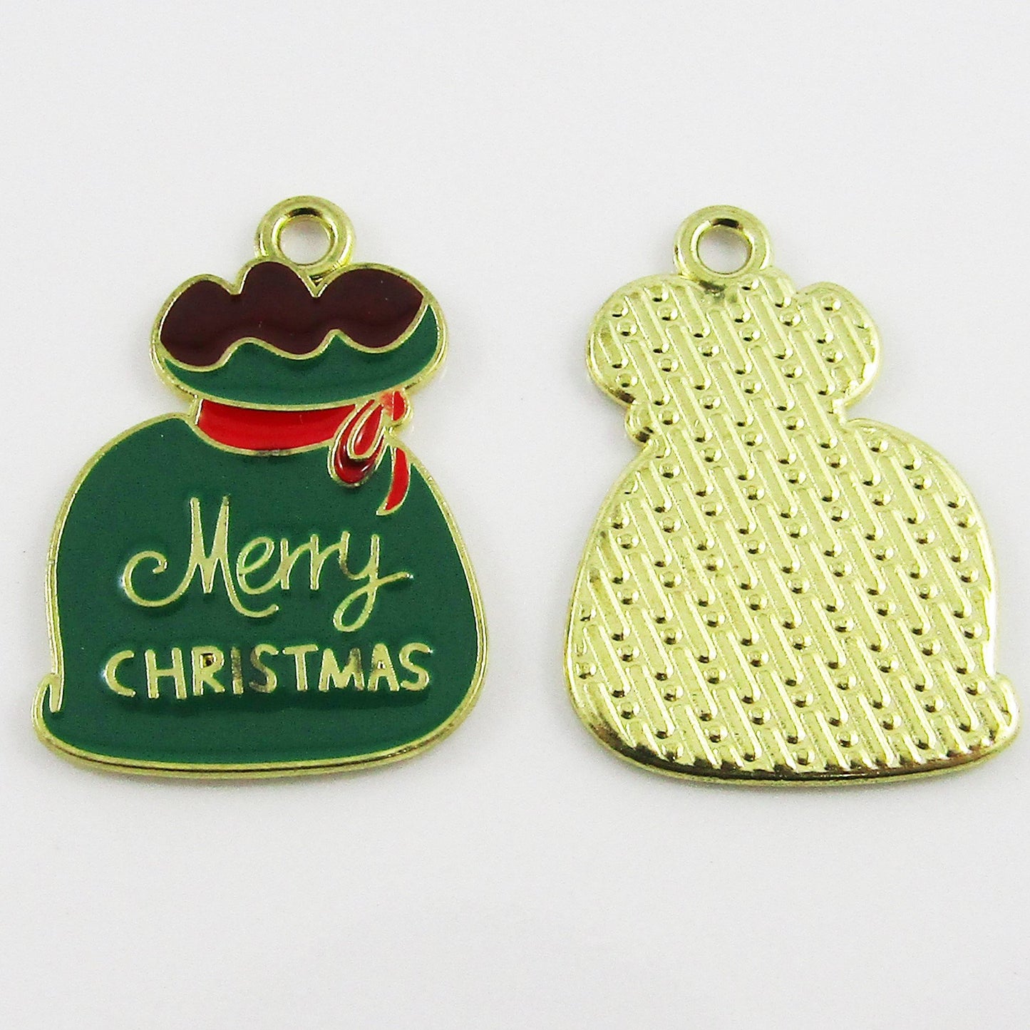 Bulk 10pce Enamel Santa Sack Charm Pendant GREEN Merry Christmas 24x17mm