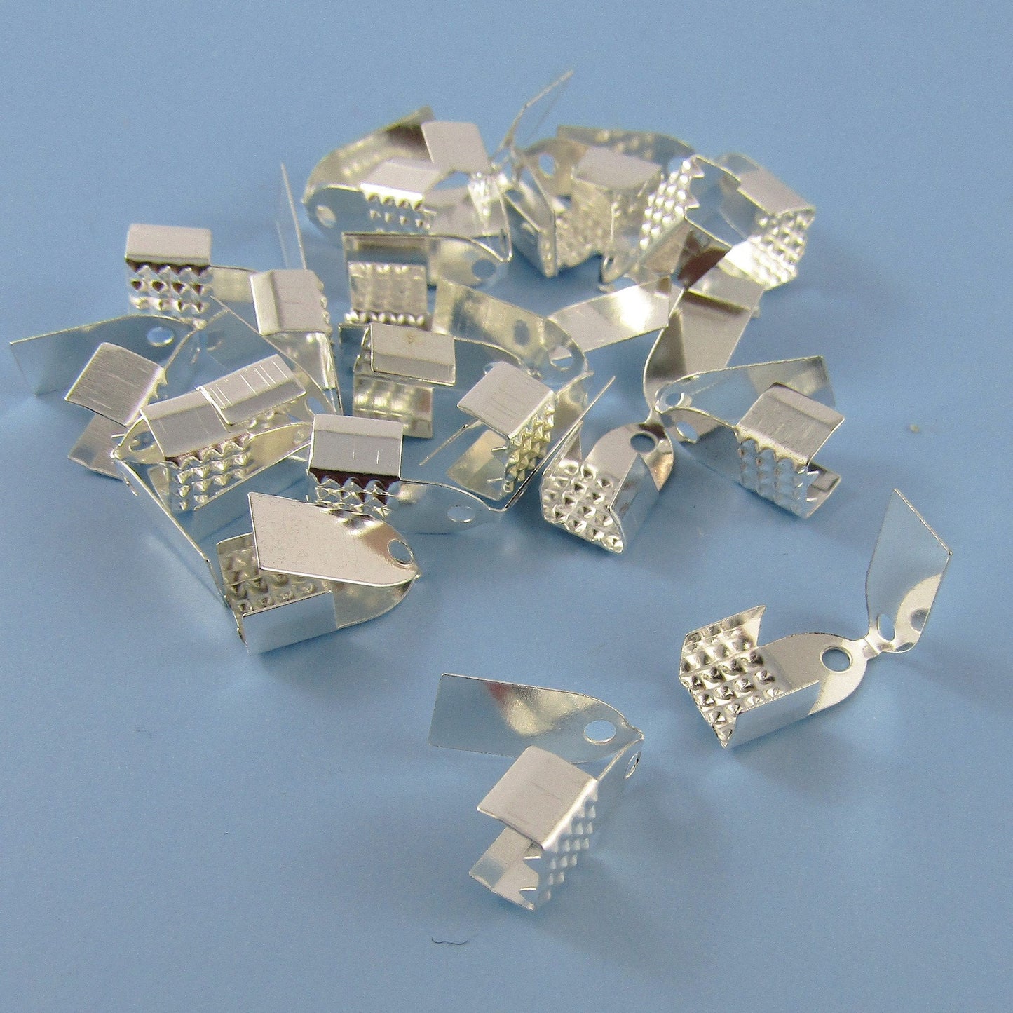 50pcs (25 Sets) Iron Fold Over Cord Crimp Ends 11x6x5mm Hole 1.5mm Silver Plate