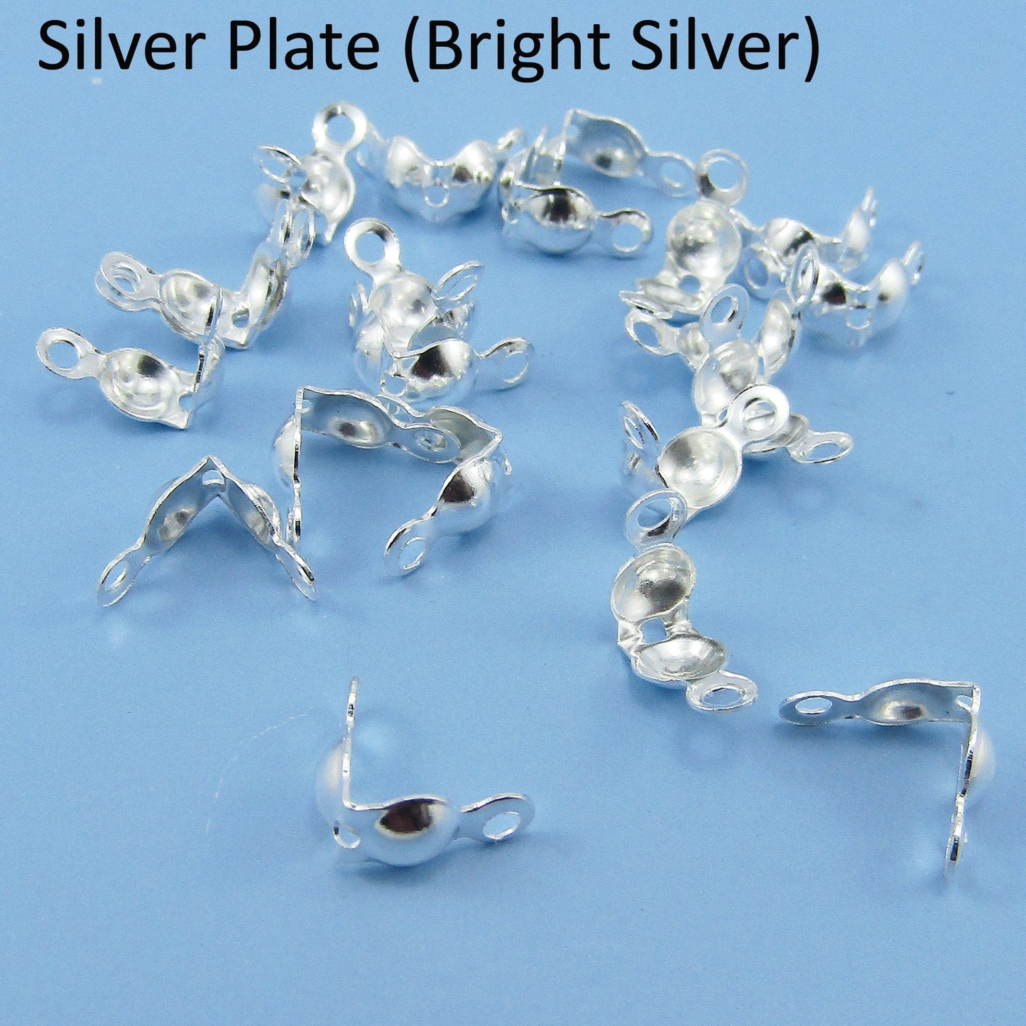 50pcs Clamshell Knot Cover Calotte Ends BRASS 7x4mm Hole 1mm Silver Plate