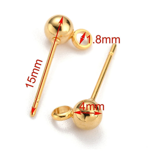 Bulk 20pcs (10sets) DIY Ball Post Stud Earring Finding Gold 15x4mm 304 Stainless