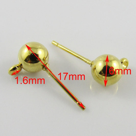 Bulk 20pcs (10sets) DIY Ball Post Stud Earring Finding Gold 17x6mm 304 Stainless