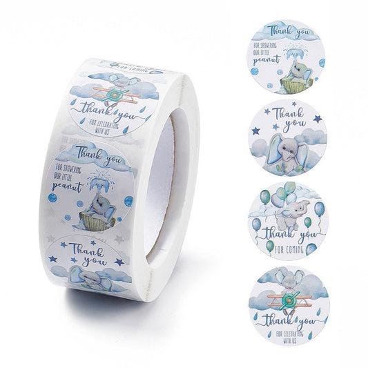 1 Roll 500pcs Baby Shower Thank you Baby Elephant Sticker lables 4 Patterns 25mm