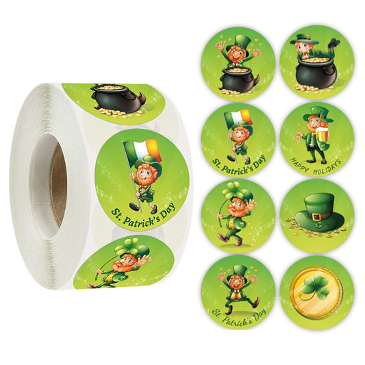1 Roll 500pcs Saint Patrick's Day Leprechaun Sticker Labels Self Adhesive 38mm