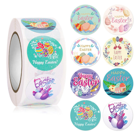 1 Roll 500pcs Happy Easter Eggs Sticker Lables 8 Designs 25mm