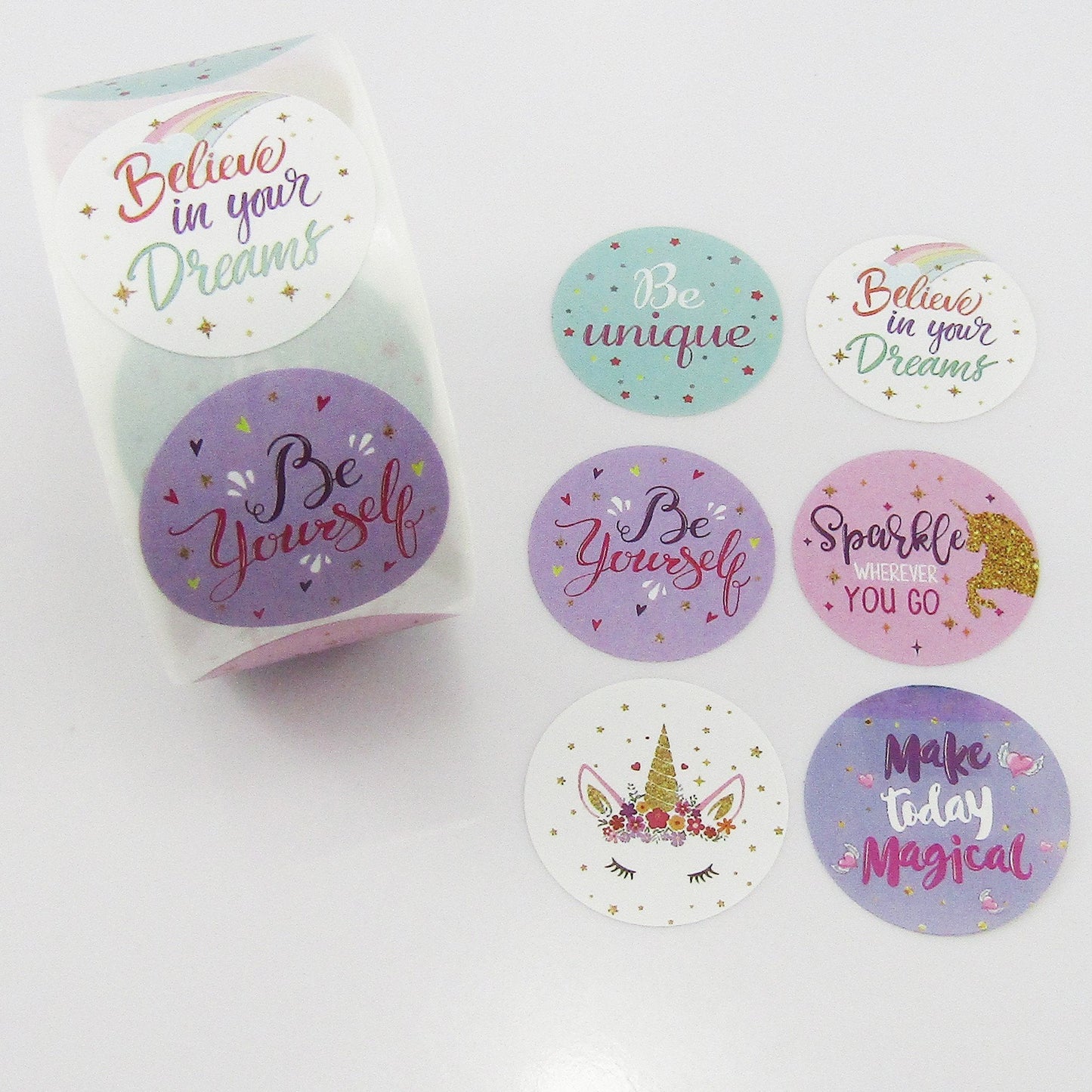 Roll of 500 Unicorn Positive Designs Self Adhesive Paper Sticker Labels 25mm