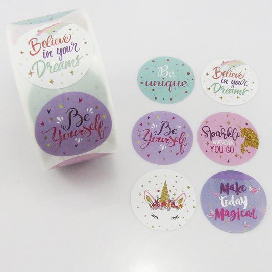 Roll of 500 Unicorn Positive Designs Self Adhesive Paper Sticker Labels 25mm