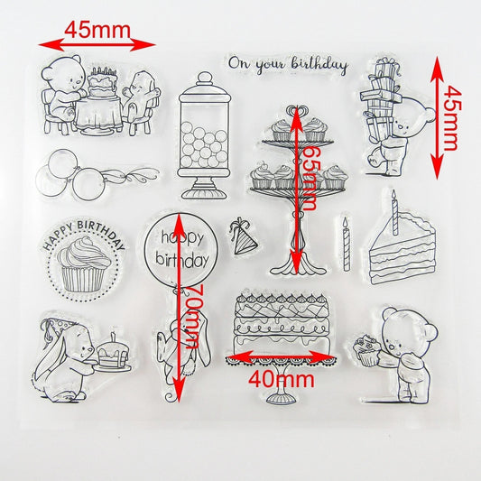 Birthday Cake Teddy Bear Clear Stamp Silicone Rubber Scrapbooking Card Making