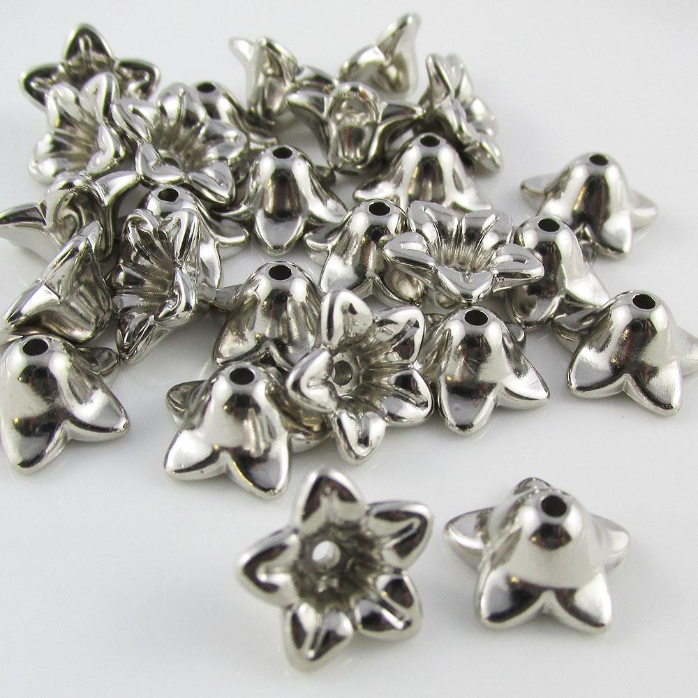 Bulk 50pcs 5 Petal Flower Bead Cap CCB Acrylic Silver Tone 12x12mm Hole 1.5mm