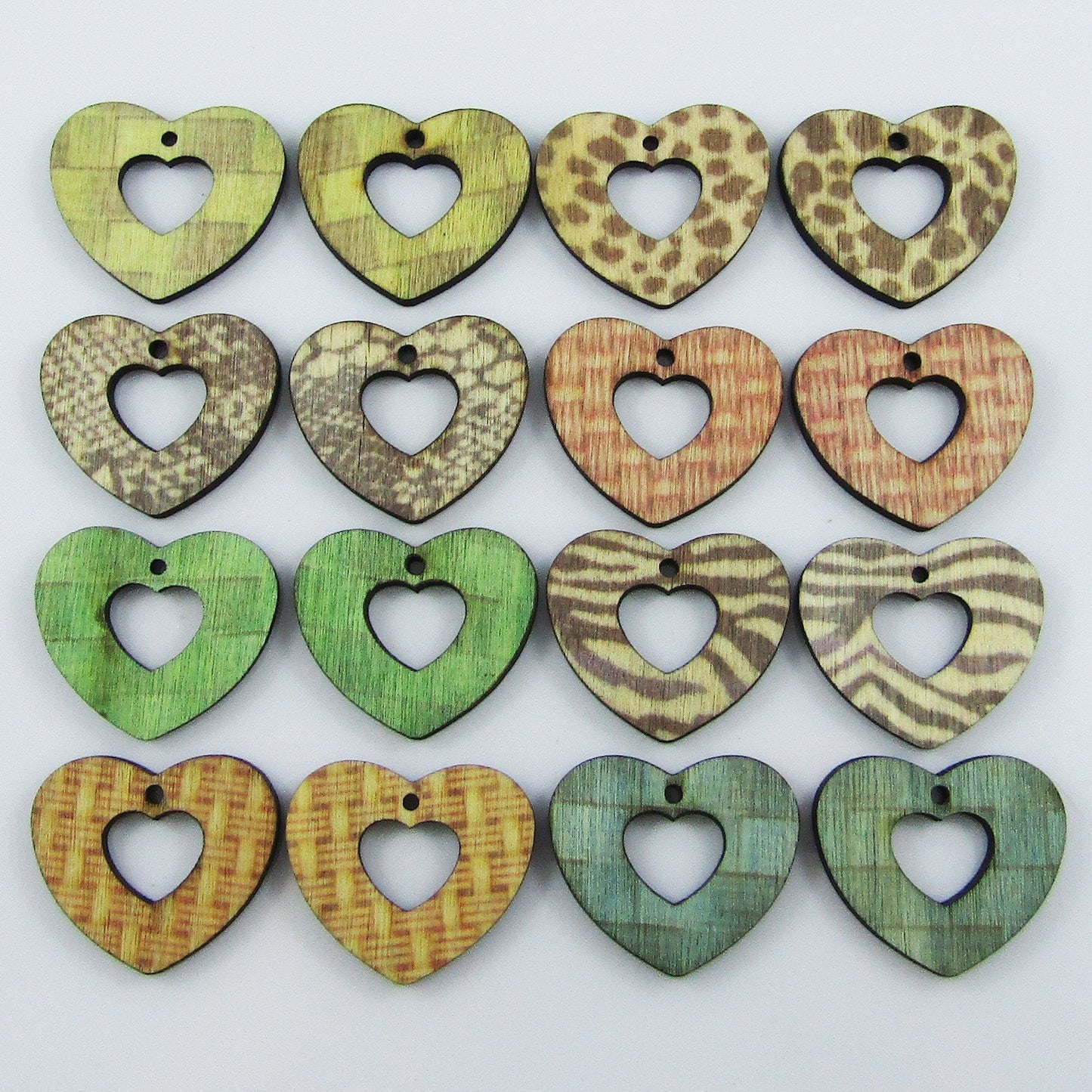 10pcs in Random Pairs Printed Wood Heart Charm Pendant 24x29mm