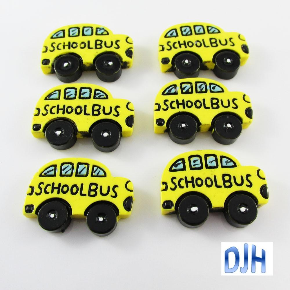6pcs DIY Resin School Bus Cabochon Flat Back Cards Hair Clips Yellow Or Pink