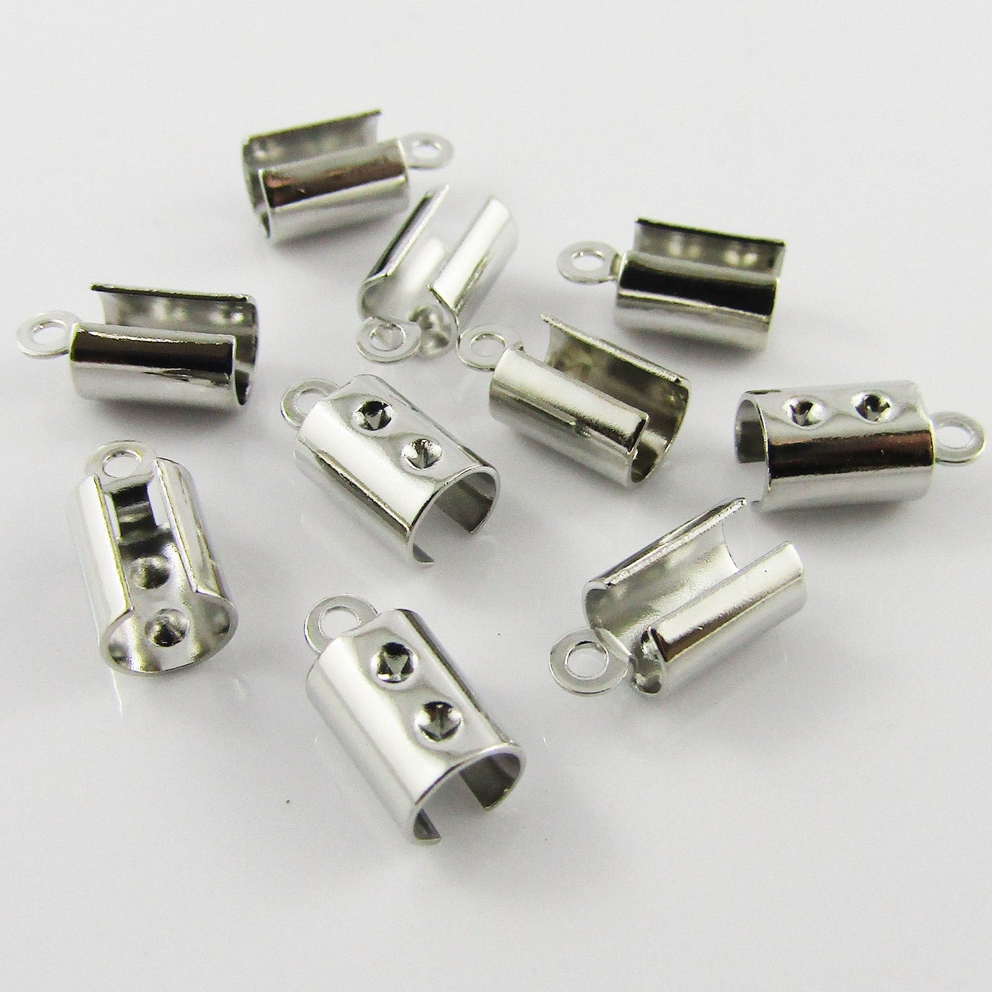 10 Sets (20pcs) Brass Fold Over Cord Crimp Ends 11x5mm Hole 1mm Silver Tone