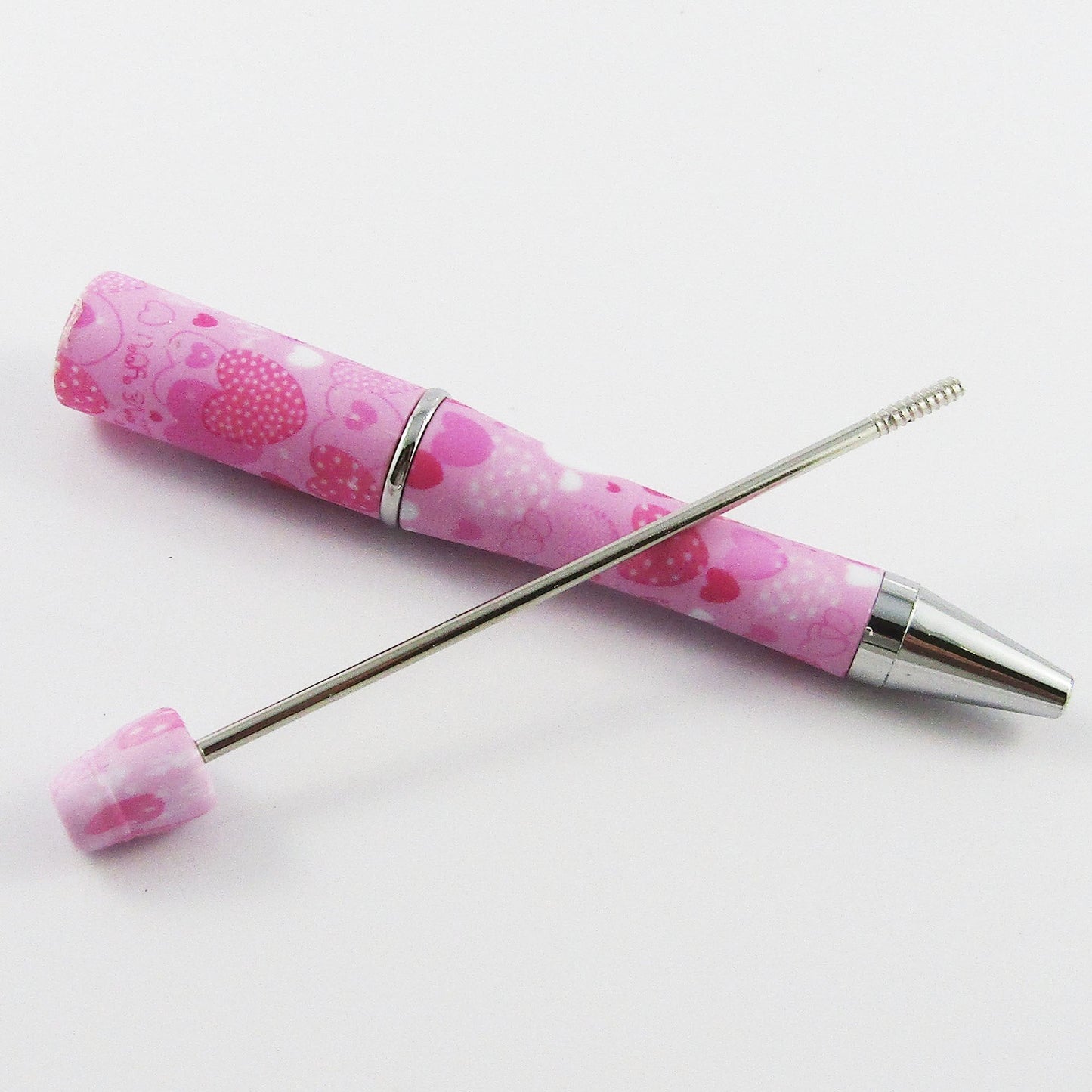 Blank DIY Valentine's Day Pink Love Heart Print Beadable Pen 144mm Select Qty