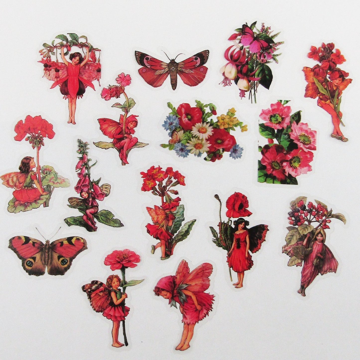 40pcs PET Red Flowers & Fairies Sticker Bundle Scrapbook Cards Junk Journal