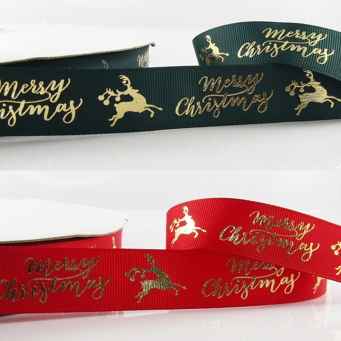 3metres Metallic Reindeer Merry Christmas Grosgrain Ribbon 25mm Green or Red