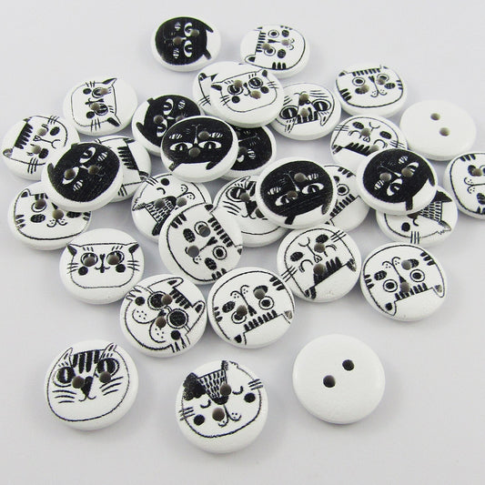 50pce Black & White Cats 2 Hole Wood Button Round 15mm Sewing Cards Junk Journal