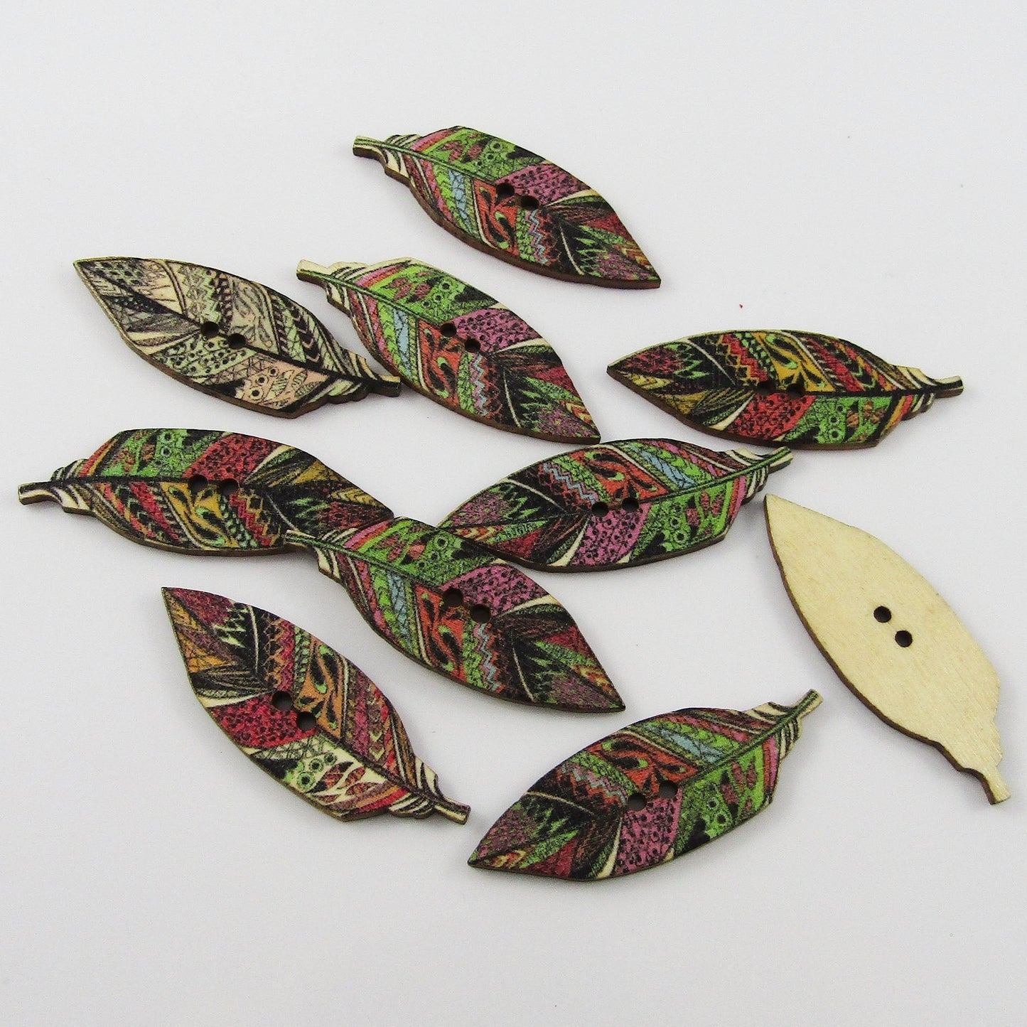 20pce Leaf 2 Hole Wood Button 42x15mm Sewing Cards Junk Journal