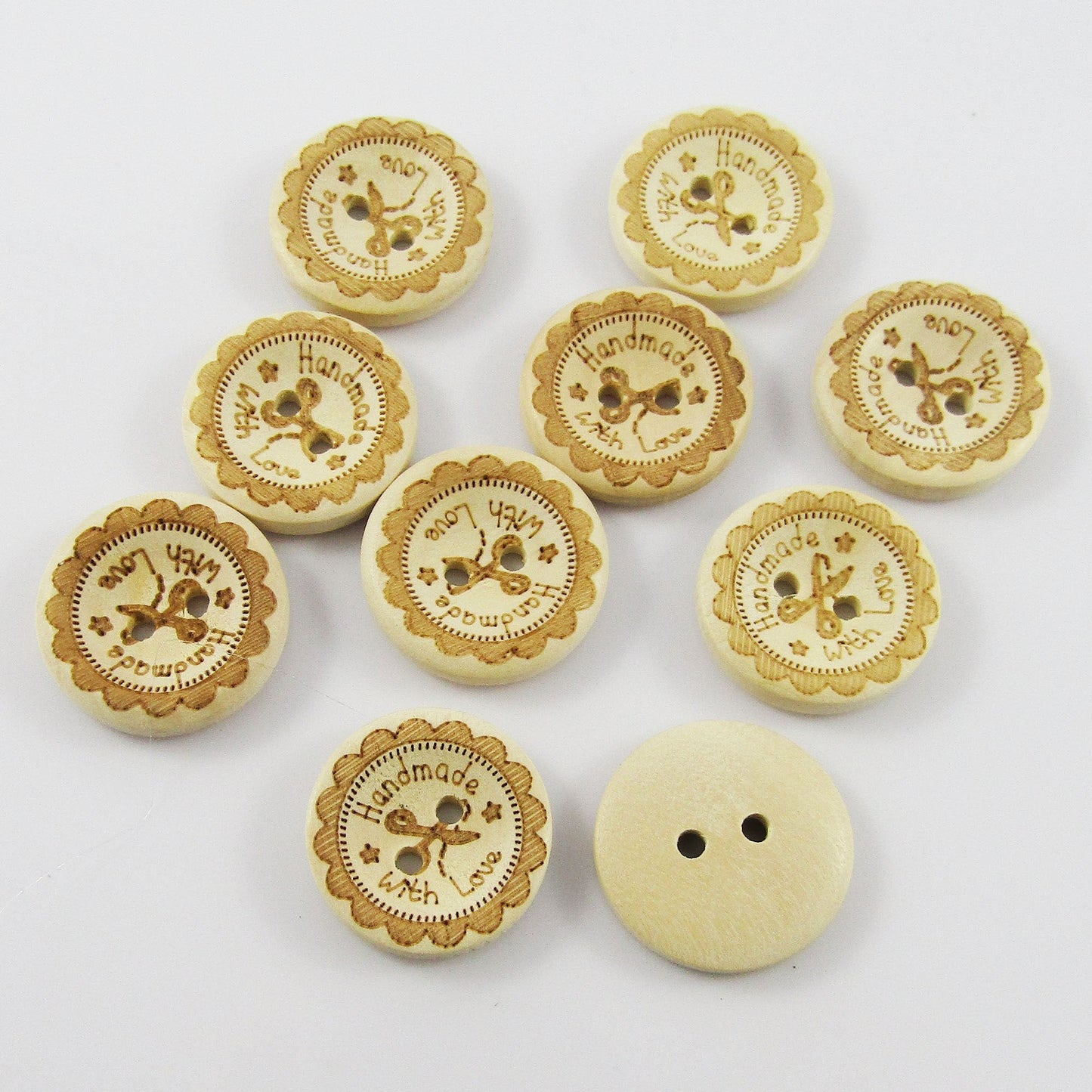 50pce Printed Hand Made with Love Scissors 2 Hole Wood Button Round 20mm Sewing