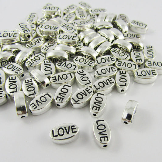 50pcs Oval Love Message Spacer Beads 10x6x4mm Hole 1mm Antique Silver