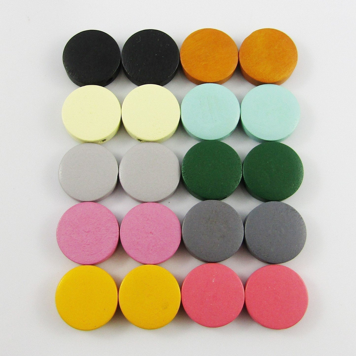 50pcs in random pairs Flat Round Disc Bead Painted Wood 15x4mm Hole 1.5mm