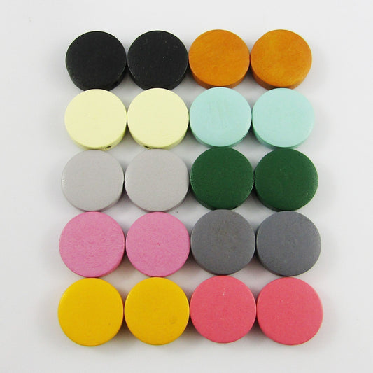 50pcs in random pairs Flat Round Disc Bead Painted Wood 15x4mm Hole 1.5mm