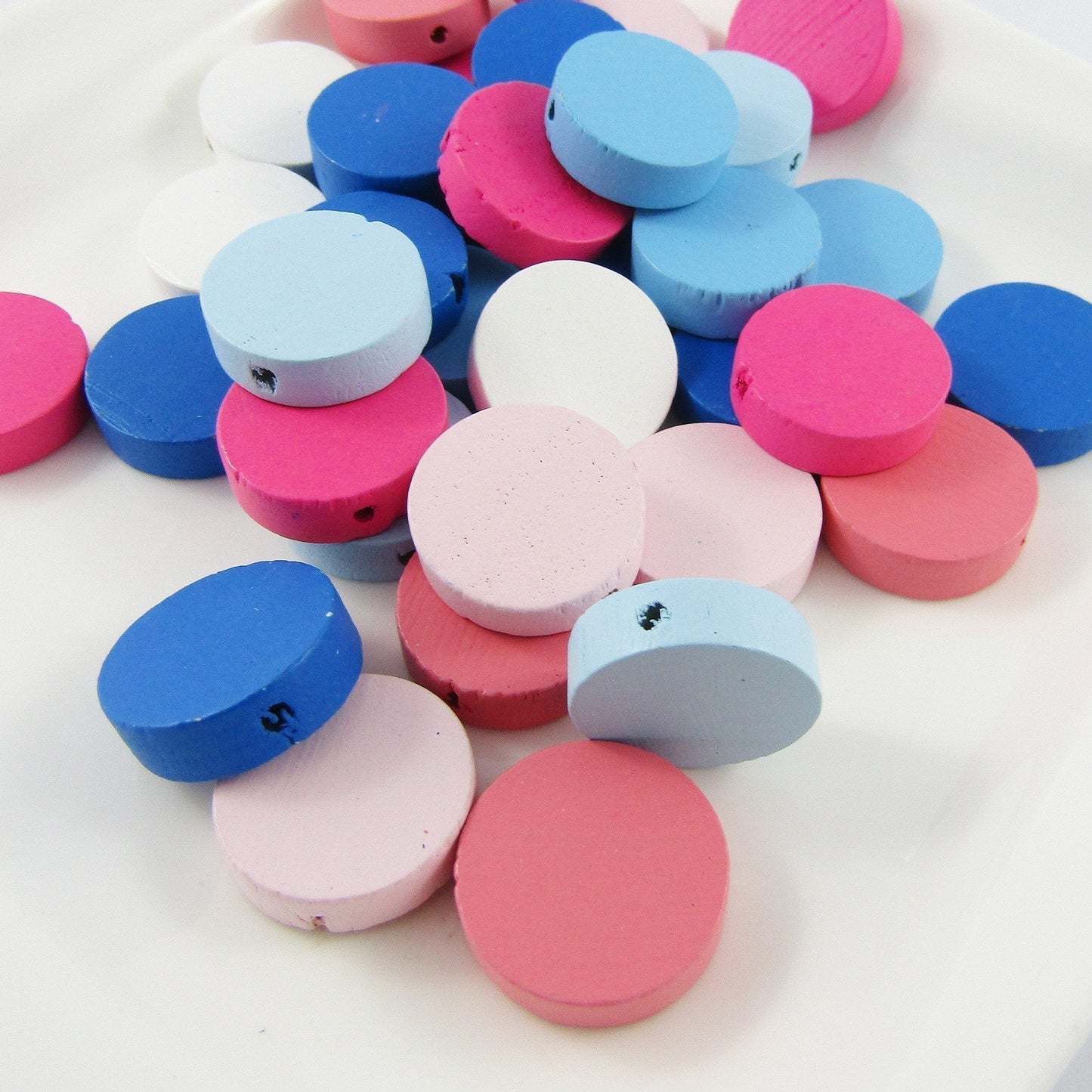 50g 40+pcs Wood Round Disc Craft Beads Mixed Pink Blue White 19x6.5mm Hole 2mm