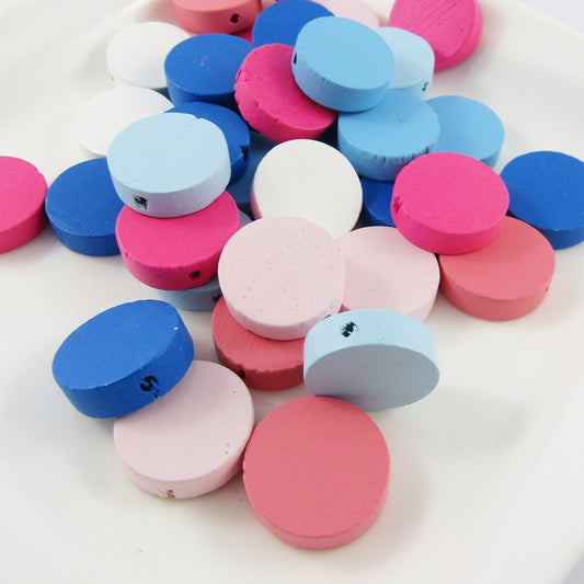 50g 40+pcs Wood Round Disc Craft Beads Mixed Pink Blue White 19x6.5mm Hole 2mm