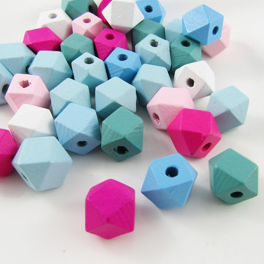 50g 60+pcs Wood Polygon Craft Beads Mixed Pink Blue White 12x16mm Hole 3.5mm