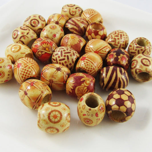 50g 40+pcs Large Hole Printed Barrel Wood Beads 16x16mm Hole: 7mm