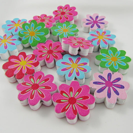 50g 50+pcs Flower Printed Wood Beads Mixed Color 21x5.5mm Hole: 1.5mm