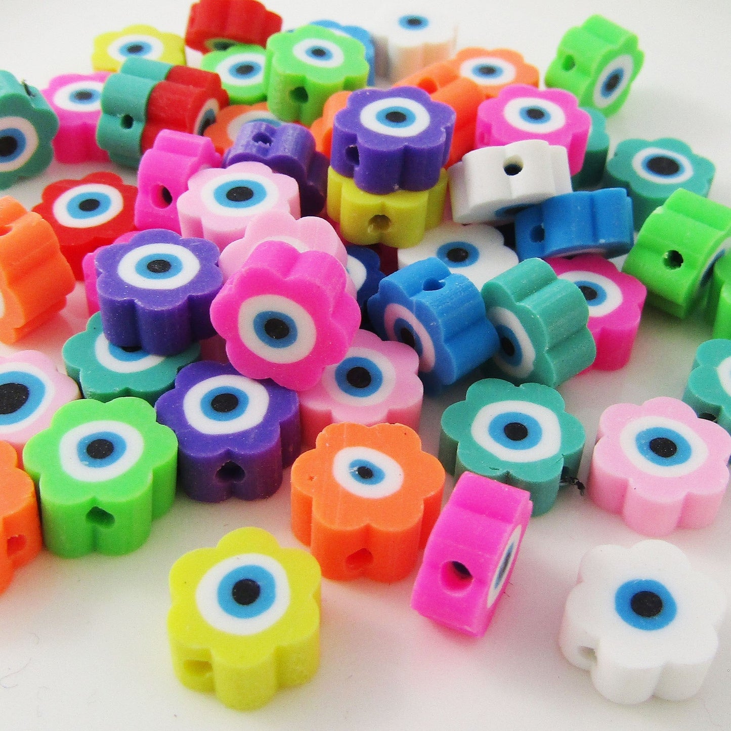 Bulk 50pcs Polymer Clay Evil Eye Flower 9x9x4.5mm Hole 1.8mm