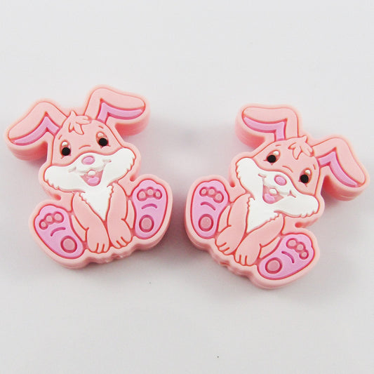 2pcs Easter Bunny Rabbit Silicone Focal Bead PINK 28x24mm Hole 2mm Pen Keychains