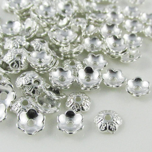 Bulk 50pcs 6 Petal Flower Bead Cap Silver Plate 6x2mm Hole 1mm