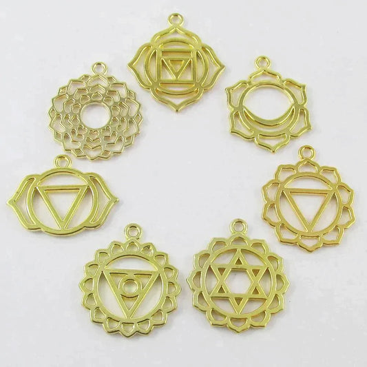 Set of 7 Chakra Charm Pendants Healing Select Bronze, Silver or Gold Plate