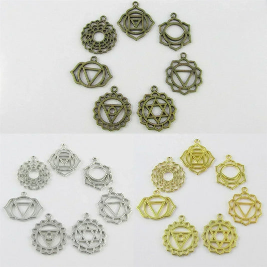 Set of 7 Chakra Charm Pendants Healing Select Bronze, Silver or Gold Plate