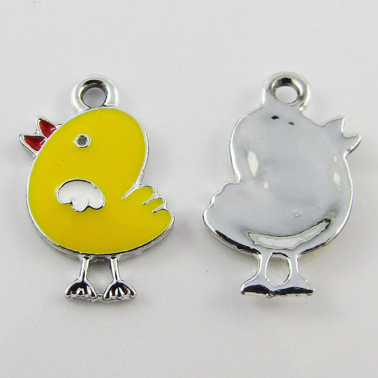 Bulk 10pce Enamel Chirpy Chick Charm Pendant Easter Chicken SILVER 20x13mm