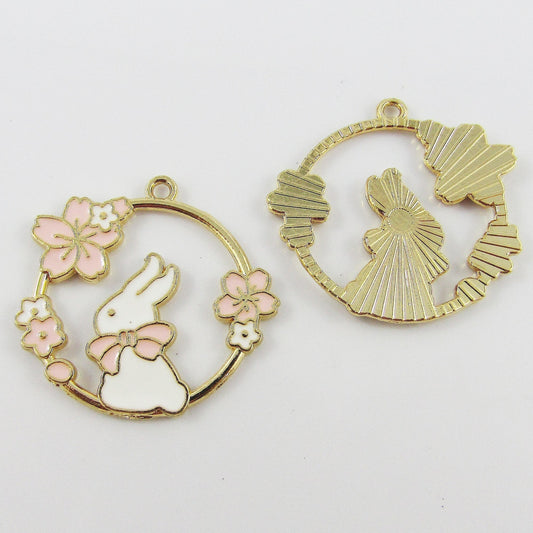 Bulk 10pce Enamel Cherry Blossom Rabbit Charm Pendant Bunny 30x31mm