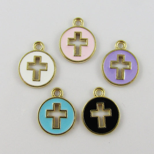 Bulk 10pce Enamel Cross Disc Charm Pendant Religious Cross 15x12mm Select Colour