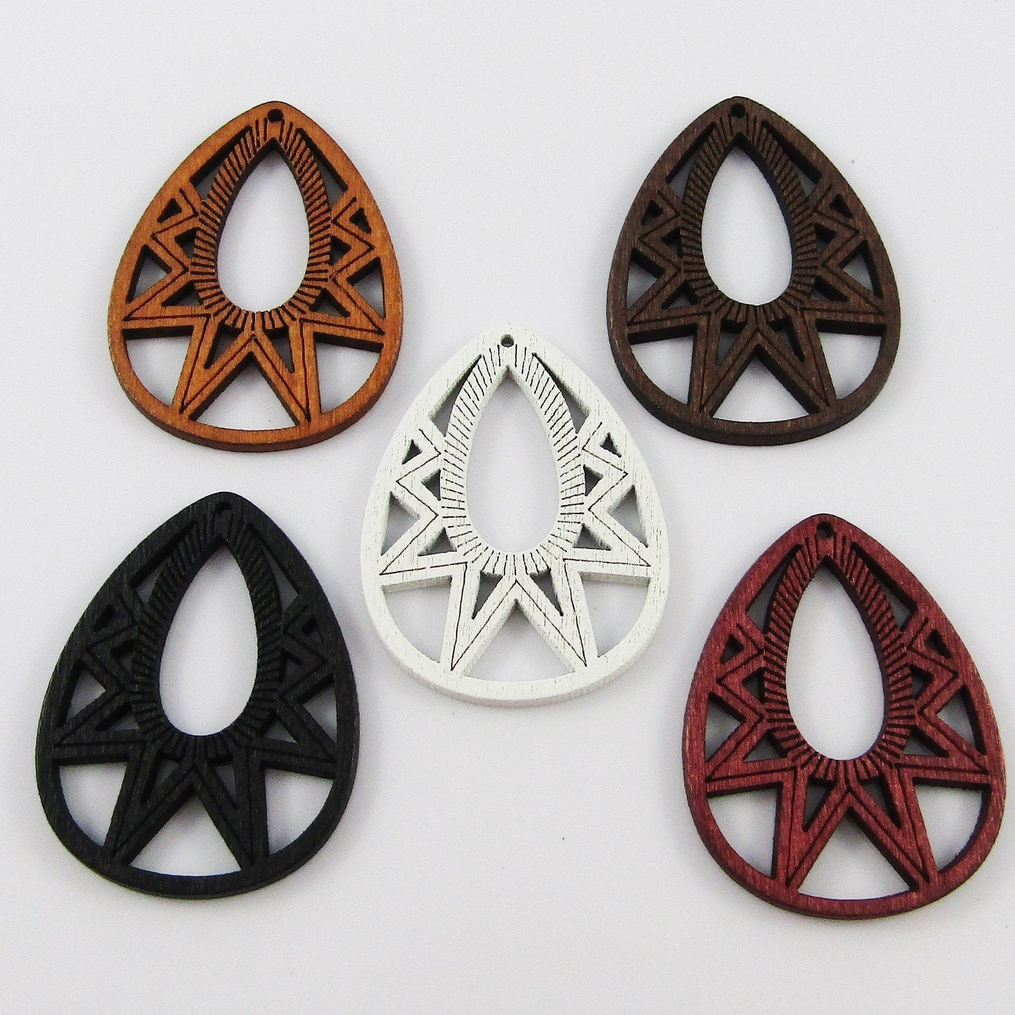 10pcs in Random Pairs Starburst Teardrop Charm Pendant Craft Wood 39x30mm