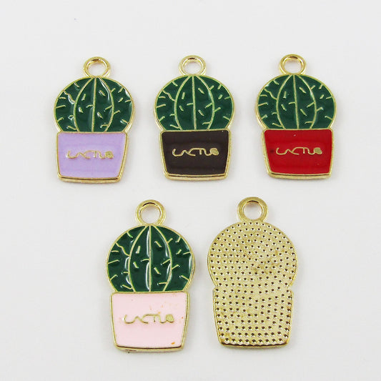 Bulk 10pce Enamel Succulent Cactus Charm Light Gold & Mixed Colour 22x12.5x1mm