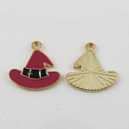 Bulk 10pce Enamel Witch Hat Halloween Charm Pendant Light Gold Colourful 17x17mm